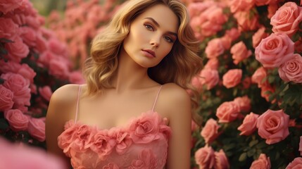 beautiful blonde woman in a pink dress / robe posing on the rose garden, 16:9