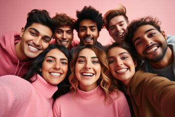Obraz premium Banner of group of multiracial friends taking selfie picture smiling at camera. Laughing young people celebrating on pink studio background. Portrait of student guys and girls enjoying time together