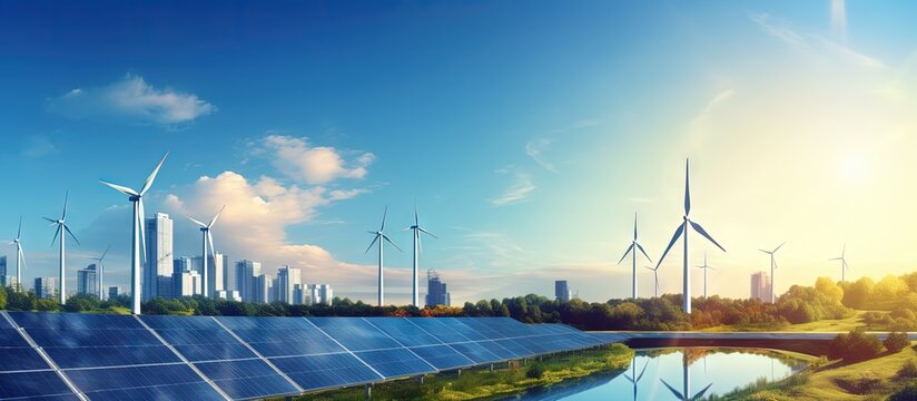 Website header showcasing renewable energy in urban setting under clear blue sky Copy space image Place for adding text or design
