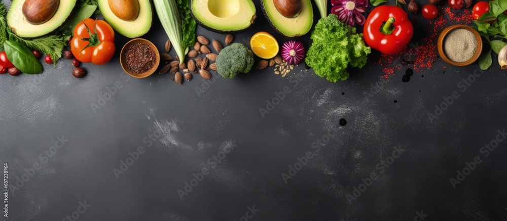 Aufkleber Various healthy foods arranged on a gray table Copy space image Place for adding text or design