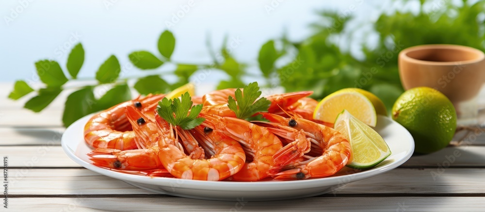 Poster shrimp vegetables and spicy chili sauce make a delicious seafood salad with citrus copy space image 