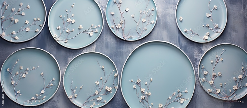 Poster spring branches decorate handmade ceramic plates close up of blue vintage dishes on grey background 