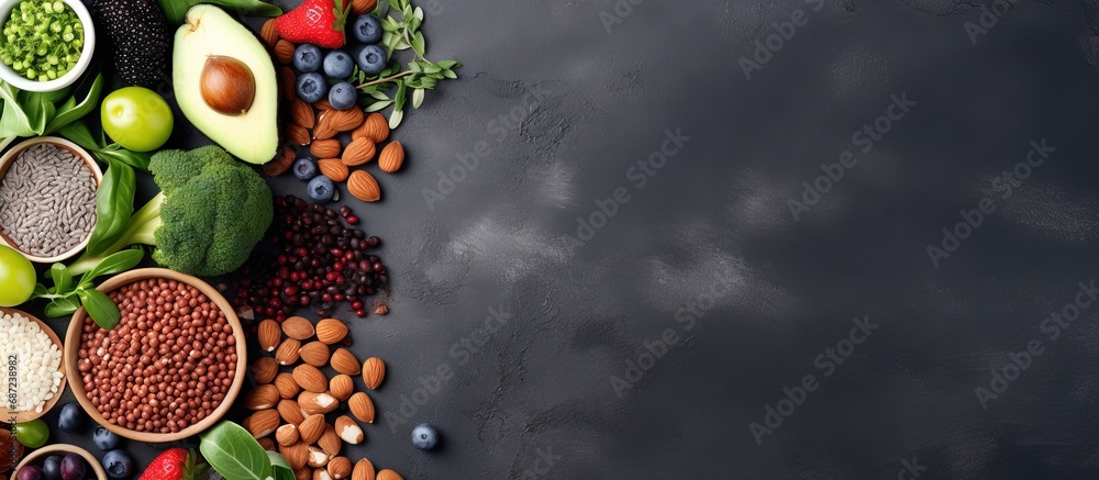 Aufkleber Superfoods like nuts beans greens and seeds on a gray background with room for text Wholesome plant based cuisine Copy space image Place for adding text or design