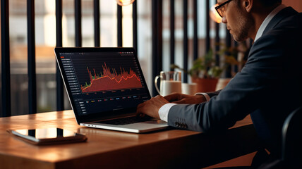 Charts of financial activity depicting fluctuations in financial trends in a business depicted on a laptop monitor. Generative AI