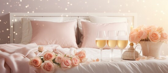 Valentine s themed bedroom adorned with roses champagne and decorations Copy space image Place for adding text or design