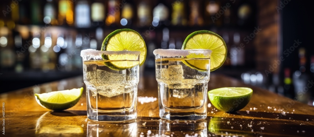 Poster Tequila drinks in a bar with lime some in silver and gold glasses Copy space image Place for adding text or design