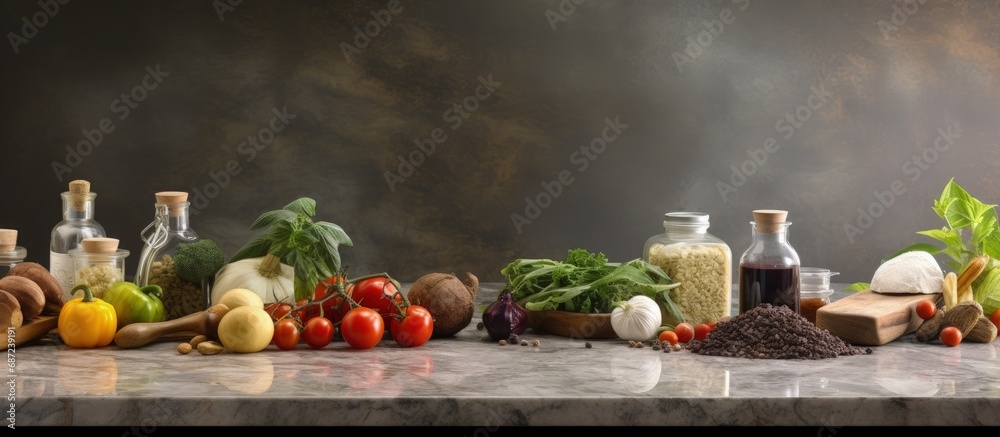 Aufkleber various food ingredients are placed on the kitchen table next to a marble stone copy space image pla