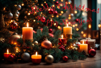 Fototapeta na wymiar Christmas. New Year. Greeting card beautiful background burning candles under the fir tree