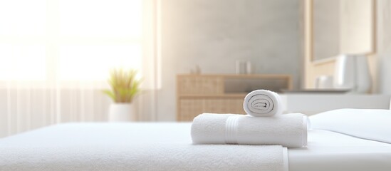 white towel on the bed Copy space image Place for adding text or design - obrazy, fototapety, plakaty