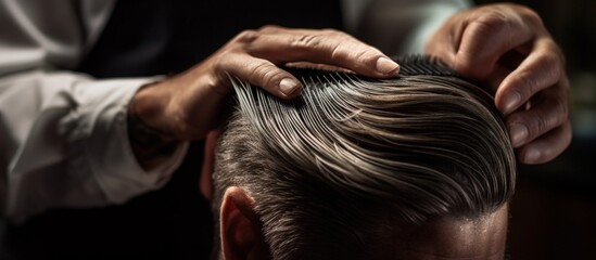 Unidentified barber creating a trendy haircut with specialized tools in a barbershop Barber s...