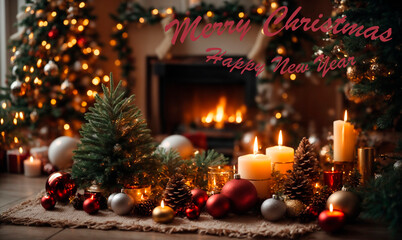 Christmas. New Year. Greeting card beautiful background fireplace and New Year's candles