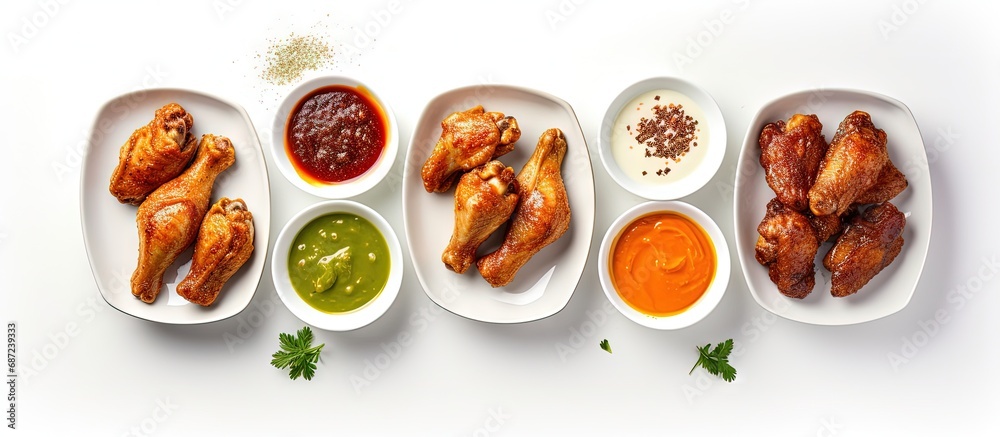 Poster Top view of air fryer chicken wings with chili glaze and assorted sauces on a white background Copy space image Place for adding text or design