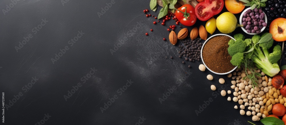 Poster superfoods like nuts beans greens and seeds on a gray background with room for text wholesome plant 