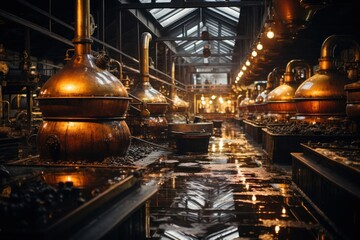 Room Filled With Copper Pots in a Scotch Whiskey Distillery Generative AI