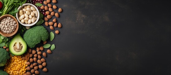Superfoods like nuts beans greens and seeds on a gray background with room for text Wholesome plant based cuisine Copy space image Place for adding text or design