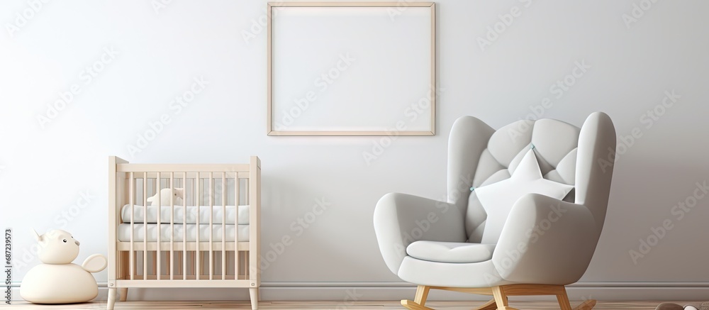 Aufkleber Scandinavian style child room with empty picture frame baby bed chair Cozy and free space for your picture 3D rendering Copy space image Place for adding text or design
