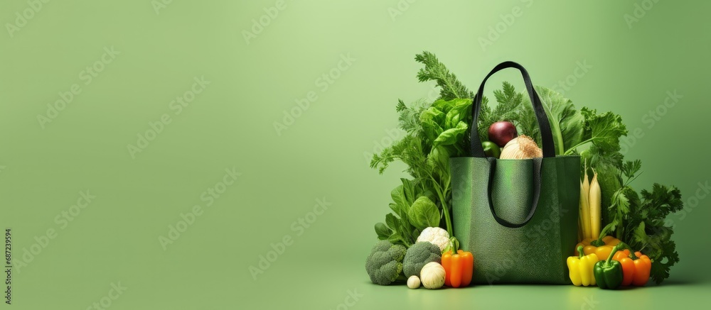 Poster sustainable lifestyle with eco bag fresh vegetables fabric shopper vegan concept zero waste organic 