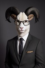 a goat wearing a suit and tie with glasses