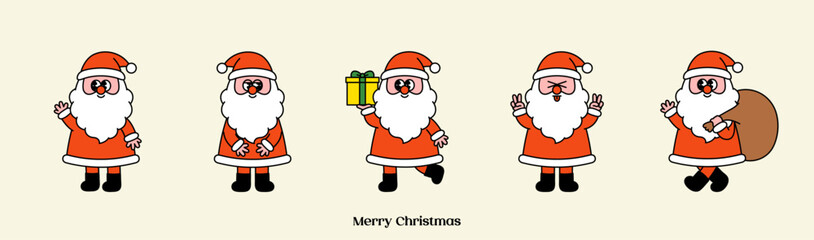 Groovy Christmas character set. Funny cartoon Xmas. Hippie 70s 60s Santa Claus. Cute mascot Collection. Trendy retro style. Holiday winter element design isolated. Vintage vector flat illustration.
