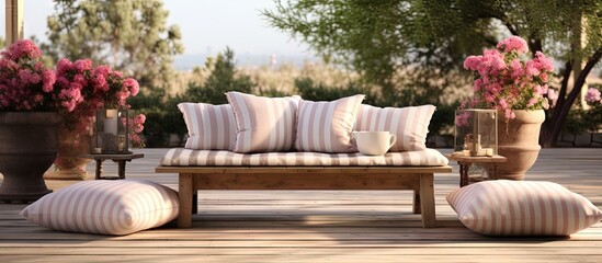 Striped pillows and poufs complement beige garden furniture on a wooden terrace with pink flowers Copy space image Place for adding text or design