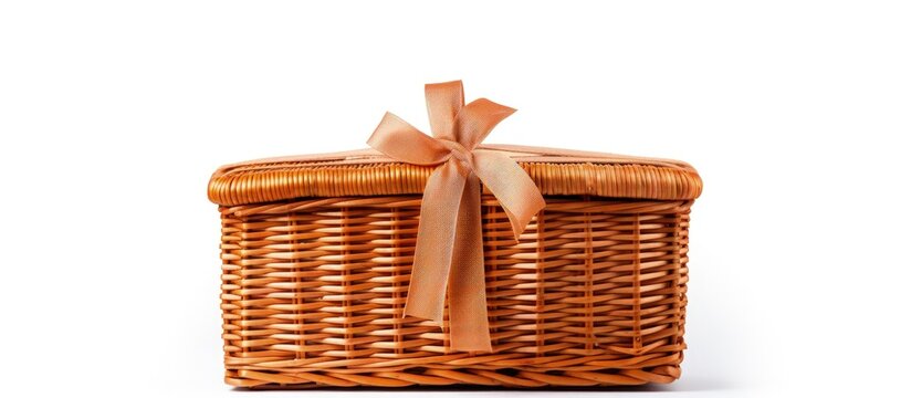 Top view of a white isolated picnic basket with wicker weave Copy space image Place for adding text or design
