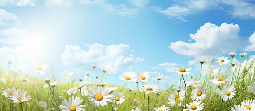 Scenic meadow of wild daisies under blue sky Copy space image Place for adding text or design