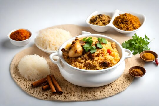 Chicken biryani , made using jeera rice and spices arranged in a white ceramic table ware with white background,