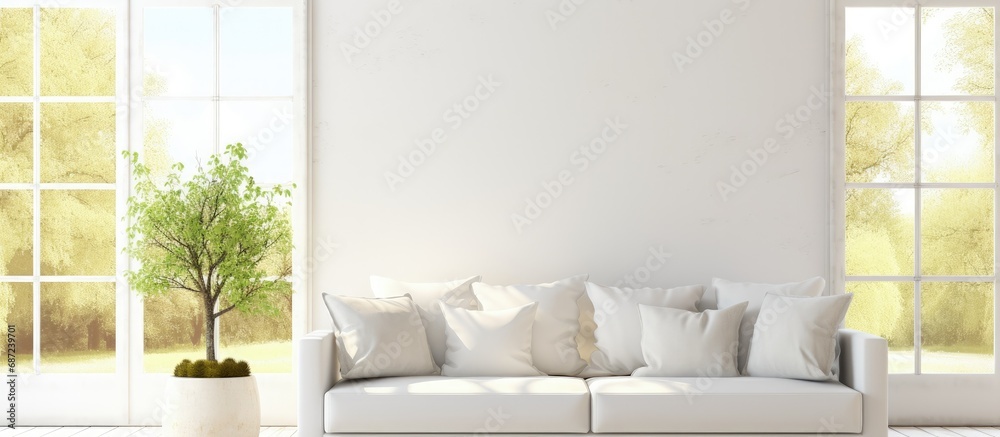 Poster Scandinavian inspired 3D illustration of a white living room with a sofa and a summer landscape seen through the window Copy space image Place for adding text or design