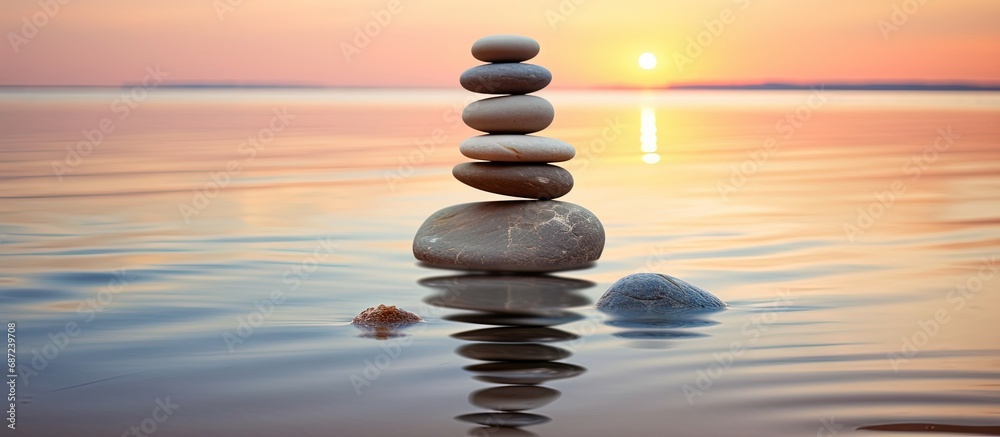 Fototapete sunrise beach stones in close up copy space image place for adding text or design