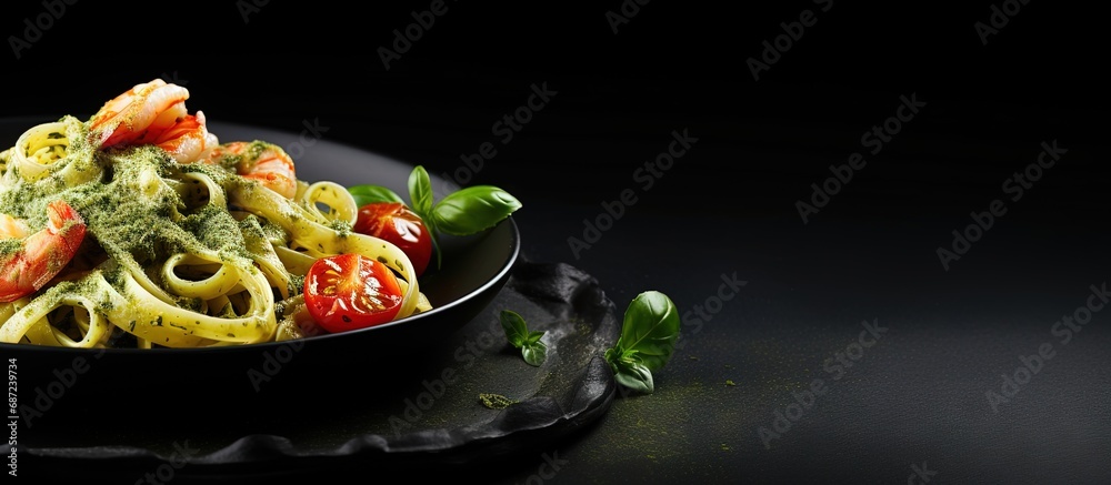Poster tasty pasta with pesto and seafood on a black plate on a dark concrete background copy space image p