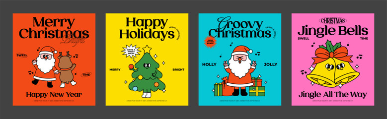 Merry Christmas, Happy New year cute greeting card set. Groovy character. Funny cartoon Xmas social media banner. Hippie 70s 60s trendy retro style. Holiday design. Vintage vector flat illustration.