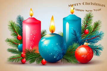 Christmas. New Year. Greeting card beautiful christmas vector background candles and glass balls