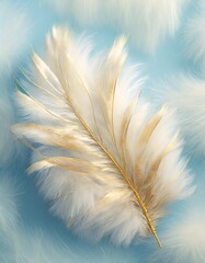 Golden and white fluffy furry feather on pale blue background.