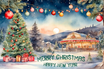 Christmas. New Year. Greeting card beautiful fun fair watercolor background