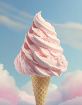 Abstract image with a white pink fluffy  ice-cream in a cone, on pale blue pastel background. 