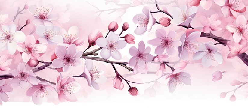 Watercolor painting with cherry blossom flowers in a seamless pattern Copy space image Place for adding text or design