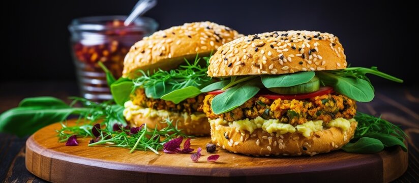 Spicy vegan burgers with millet chickpeas and herbs in selective focus Copy space image Place for adding text or design