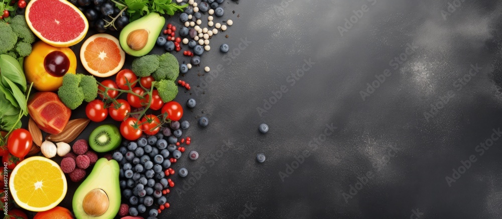 Aufkleber Various healthy foods arranged on a gray table Copy space image Place for adding text or design