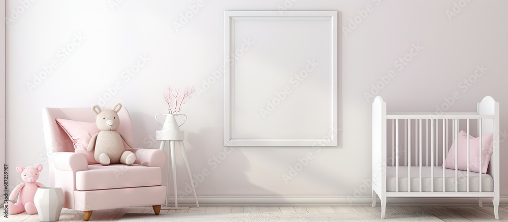 Leinwandbilder Scandinavian style child room with empty picture frame baby bed chair Cozy and free space for your picture 3D rendering Copy space image Place for adding text or design