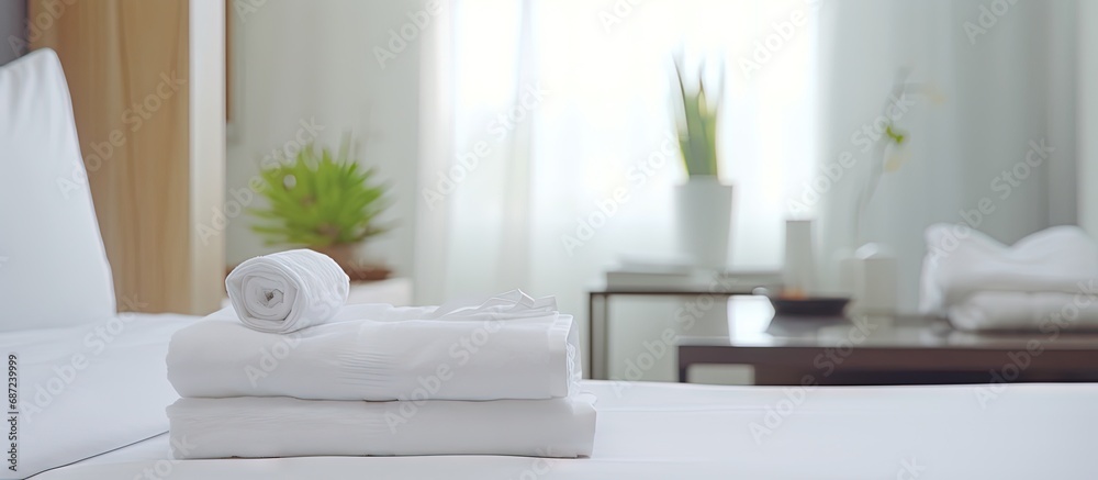 Aufkleber tidy hotel room welcome card fresh towels bedding hospitality guest white pillow towel copy space im