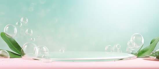 Water drops on pastel background create a natural beauty podium for product display Copy space image Place for adding text or design - obrazy, fototapety, plakaty