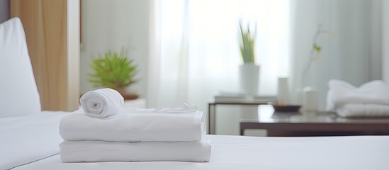 Tidy hotel room Welcome card fresh towels bedding Hospitality Guest White pillow towel Copy space image Place for adding text or design