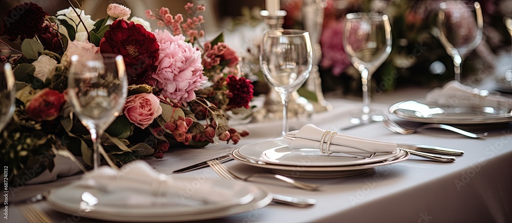 Fototapete wedding table adorned with flowers banquet table styled and adorned with cutlery copy space image pl