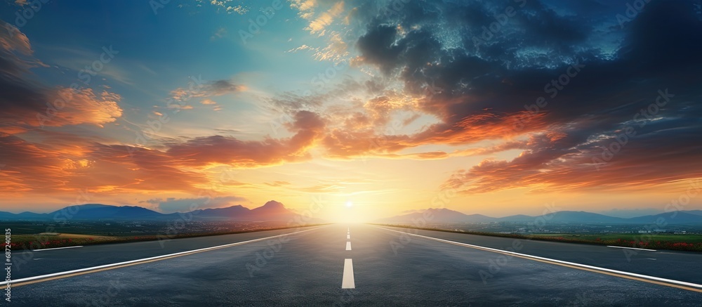 Fototapete sunset sky and road made of asphalt copy space image place for adding text or design