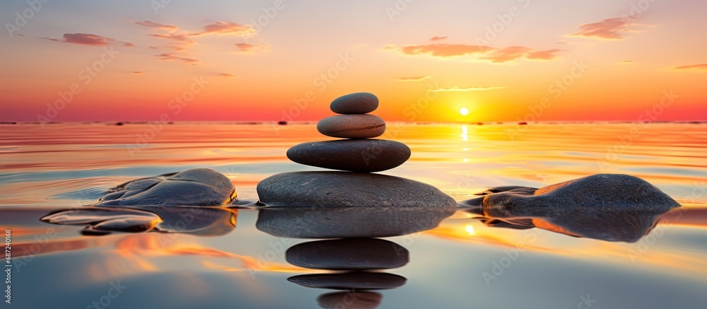 Poster zen stones on the beach symbolizing relaxation and meditation during sunset copy space image place f