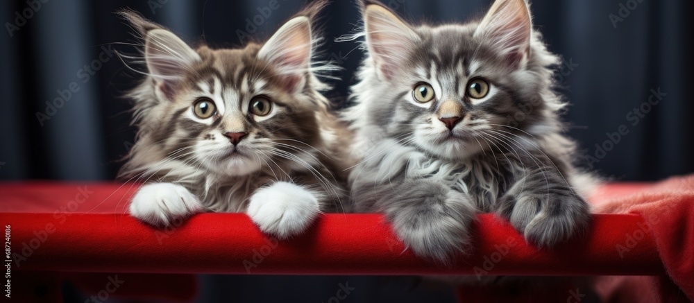 Poster Two adorable Maine Coon kittens in red and gray resting on a play stand Copy space image Place for adding text or design