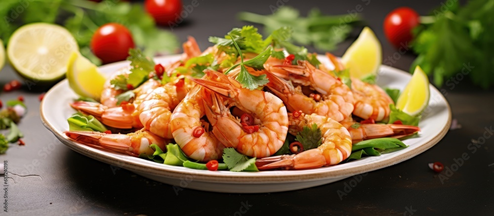 Poster shrimp vegetables and spicy chili sauce make a delicious seafood salad with citrus copy space image 