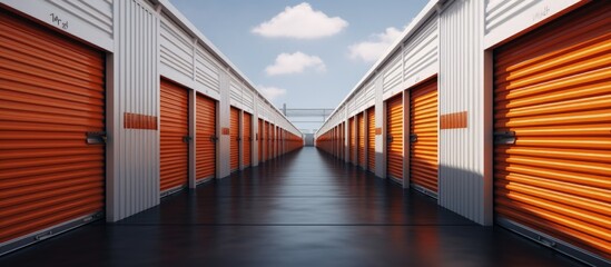 Self storage facility interior exhibits metal roll up doors on individual storage units Copy space image Place for adding text or design