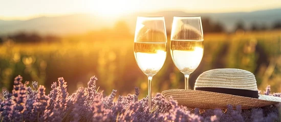 Foto op Canvas White wine glasses and bottle against a lavender field backdrop Straw hat flower basket lavender on a picnic blanket Romantic sunset in Provence France Copy space image Place for adding text or © HN Works