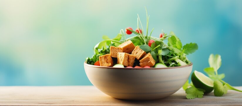 Vibrant buddha bowl featuring grilled tofu and pea shoots Copy space image Place for adding text or design
